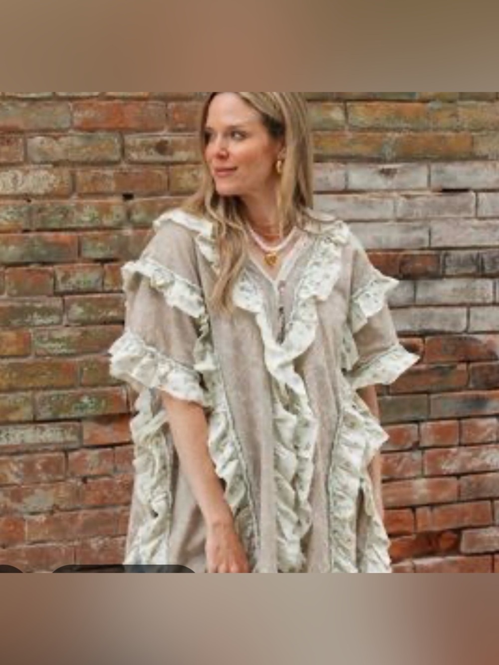 #1267 Oli & Hali Ruffled button down blouse / kimono / Kaftan in Light Taupe - Picture 2 of 9